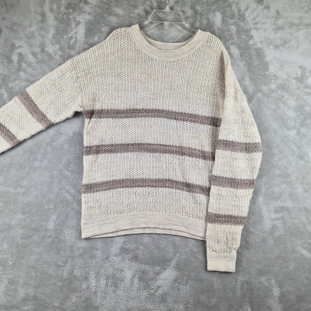 Frye Sweater Womens XL Beige Neutral Open Knit Striped Wool Blend Crewneck Cozy